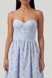 Blue Strapless A Line Corset Jacquard Floral Dress