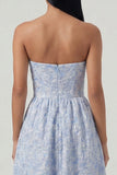 Blue Strapless A Line Corset Jacquard Floral Dress