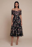 Black Off the Shoulder Embroidered A Line Tulle Midi Dress
