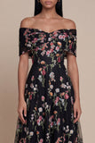 Black Off the Shoulder Embroidered A Line Tulle Midi Dress