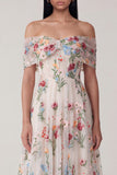 Black Off the Shoulder Embroidered A Line Tulle Midi Dress