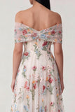 Black Off the Shoulder Embroidered A Line Tulle Midi Dress