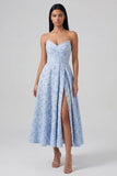 Blue Strapless Jacquard A Line Midi Dress with Slit