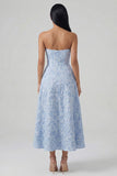 Blue Strapless Jacquard A Line Midi Dress with Slit