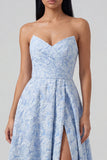 Blue Strapless Jacquard A Line Midi Dress with Slit