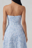 Blue Strapless Jacquard A Line Midi Dress with Slit