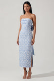 Bowknot Blue Strapless Jacquard Sheath Midi Dress with Slit