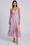 Lilac Flower A Line Spaghetti StrapsMidi Dress with Slit
