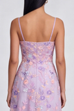 Lilac Flower A Line Spaghetti StrapsMidi Dress with Slit