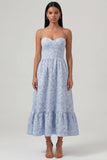 Strapless Blue Jacquard A Line Corset Midi Dress with Ruffles