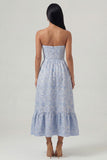 Strapless Blue Jacquard A Line Corset Midi Dress with Ruffles