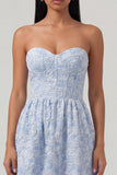 Strapless Blue Jacquard A Line Corset Midi Dress with Ruffles