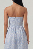 Strapless Blue Jacquard A Line Corset Midi Dress with Ruffles