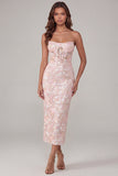 Pink Flower Sheath Corset Strapless Midi Dress with Sequin