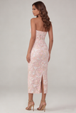 Pink Flower Sheath Corset Strapless Midi Dress with Sequin