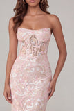 Pink Flower Sheath Corset Strapless Midi Dress with Sequin
