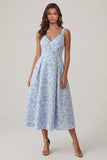 Blue Jacquard A Line V Neck Ruched Midi Dress