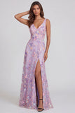 Lilac Flower V Neck A Line Appliqued Midi Dress with Slit