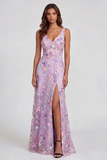 Lilac Flower V Neck A Line Appliqued Midi Dress with Slit