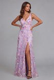 Lilac Flower V Neck A Line Appliqued Midi Dress with Slit