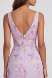 Lilac Flower V Neck A Line Appliqued Midi Dress with Slit