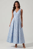 Blue A Line V Neck Jacquard Ruched Midi Dress