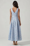 Blue A Line V Neck Jacquard Ruched Midi Dress