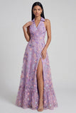 Lilac Flower Appliqued A Line V Neck Sleeveless Midi Dress with Slit