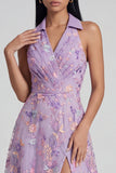 Lilac Flower Appliqued A Line V Neck Sleeveless Midi Dress with Slit