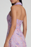 Lilac Flower Appliqued A Line V Neck Sleeveless Midi Dress with Slit