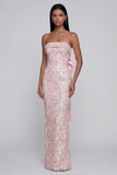 Appliqued Bowknot Pink Strapless Sheath Midi Dress with Back Slit