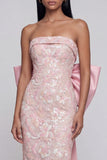 Sparkly Pink Strapless Appliqued Sheath Midi Dress with Bowknot
