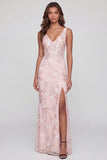 Sparkly Pink Appliqued V Neck Sheath Midi Dress with Slit