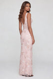 Sparkly Pink Appliqued V Neck Sheath Midi Dress with Slit