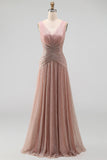 Dusty Rose A Line V Neck Pleated Long Evening Dress