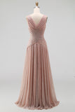 Dusty Rose A Line V Neck Pleated Long Evening Dress