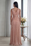 Dusty Rose A Line V Neck Pleated Long Evening Dress