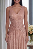 Dusty Rose A Line V Neck Pleated Long Evening Dress