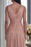 Dusty Rose A Line V Neck Pleated Long Evening Dress