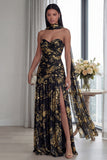 Strapless Dusty Sage Pleated A Line Streamer Long Evening Dress with Slit