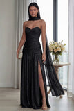 Strapless Dusty Sage Pleated A Line Streamer Long Evening Dress with Slit