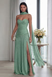 Strapless Dusty Sage Pleated A Line Streamer Long Evening Dress with Slit