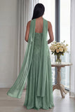Strapless Dusty Sage Pleated A Line Streamer Long Evening Dress with Slit