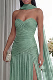 Strapless Dusty Sage Pleated A Line Streamer Long Evening Dress with Slit