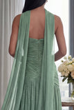 Strapless Dusty Sage Pleated A Line Streamer Long Evening Dress with Slit