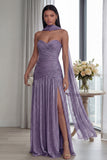 Strapless Dusty Sage Pleated A Line Streamer Long Evening Dress with Slit