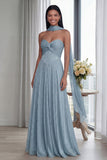 Strapless A Line Pleated Sky Blue Long Evening Dress with a Neck Scarf