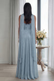 Strapless A Line Pleated Sky Blue Long Evening Dress with a Neck Scarf