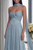 Strapless A Line Pleated Sky Blue Long Evening Dress with a Neck Scarf