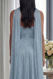 Strapless A Line Pleated Sky Blue Long Evening Dress with a Neck Scarf